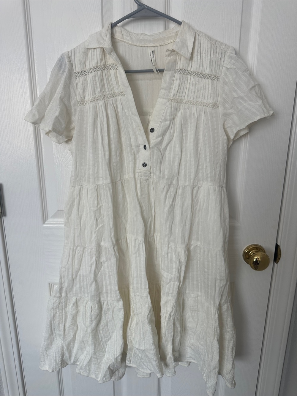 Anthropologie- Women's White Short Sleeve Tiered Cotton Dress